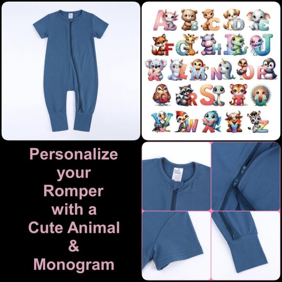 CUTE MONOGRAM-BABY ROMPER-Short Sleeve Double Zipper Cotton Blue 4-Sizes Boy - Picture 1 of 12